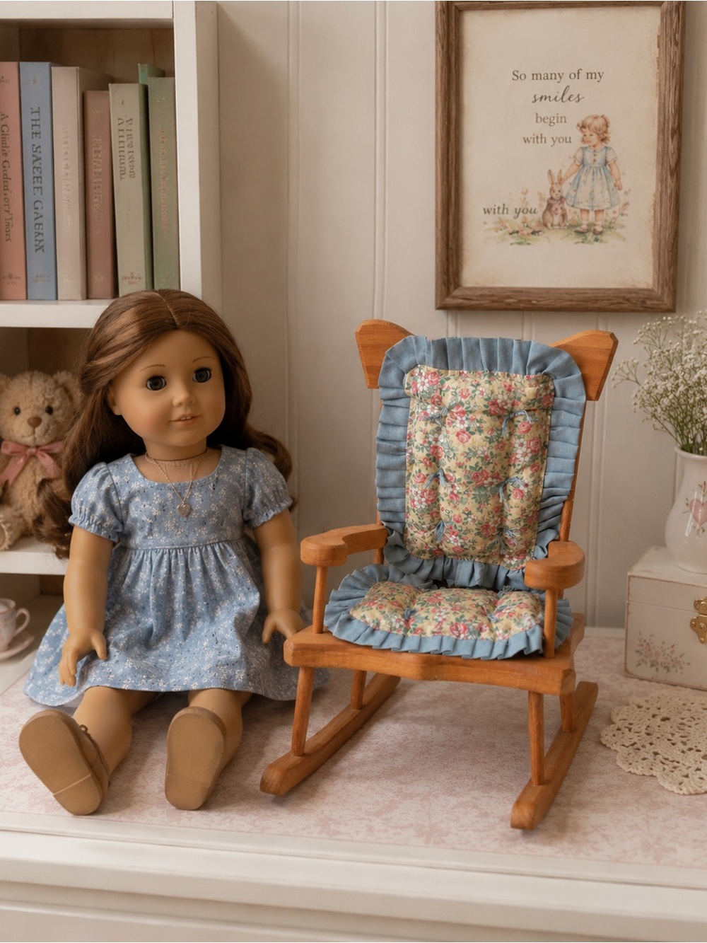 Vintage Wooden Doll Rocking Chair w/ Floral Cushion – American Girl Doll Size